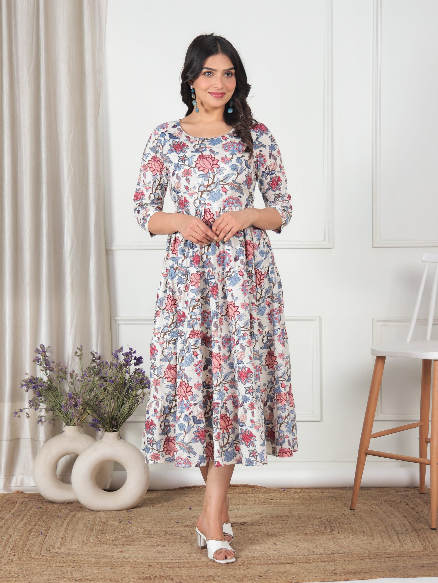 Soft Cotton Floral Anarkali White Dress
