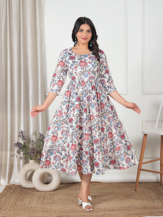Soft Cotton Floral Anarkali White Dress