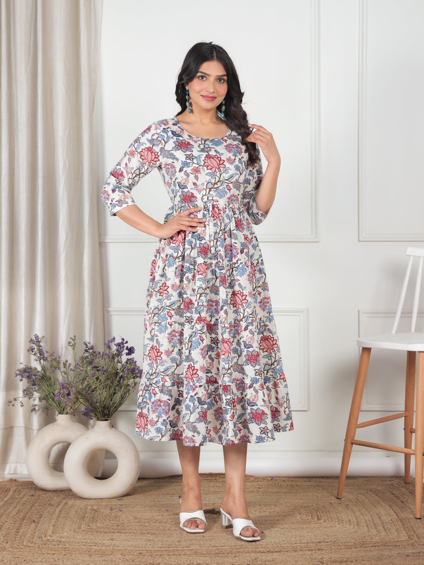 Soft Cotton Floral Anarkali White Dress