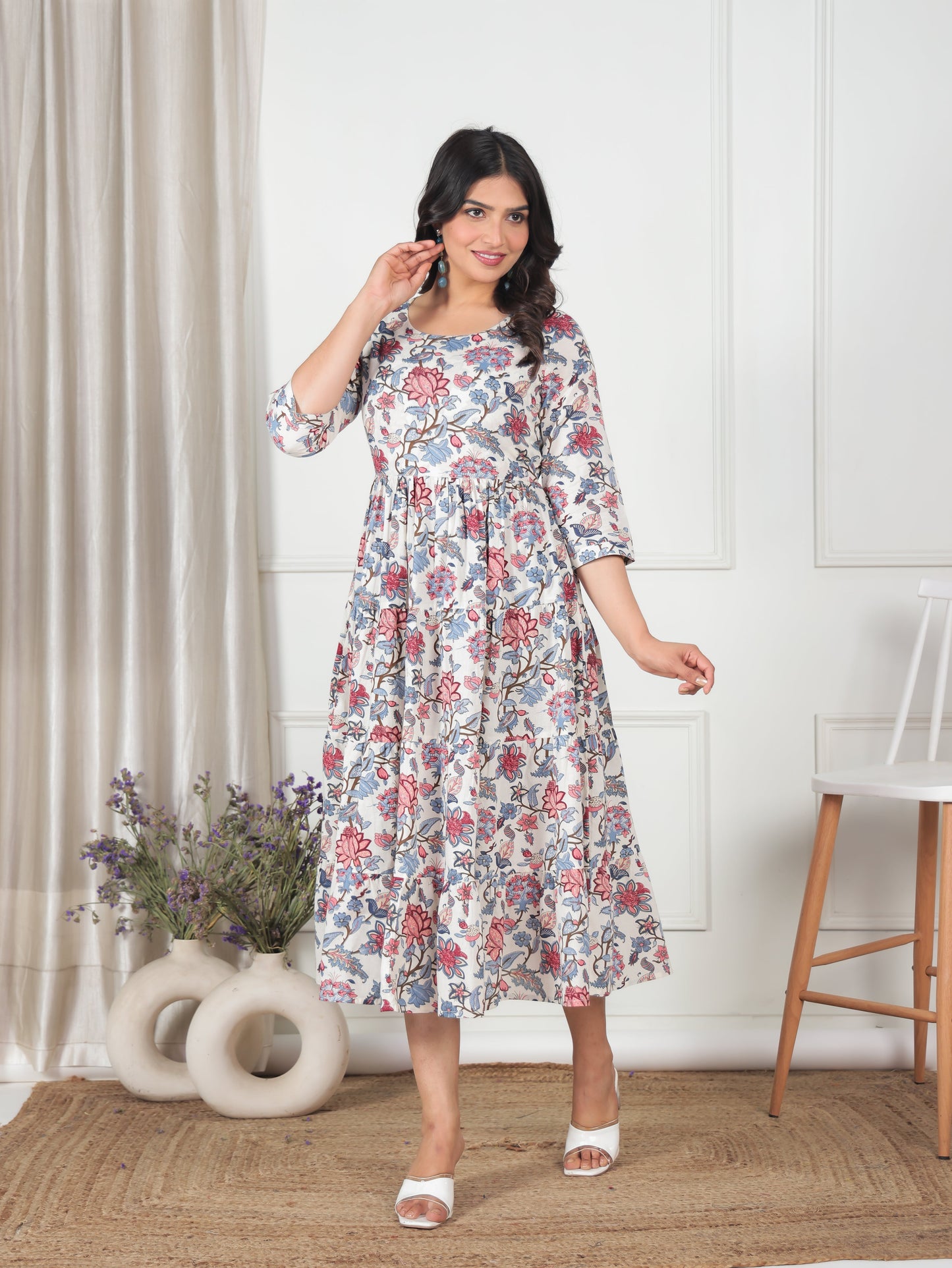 Soft Cotton Floral Anarkali White Dress