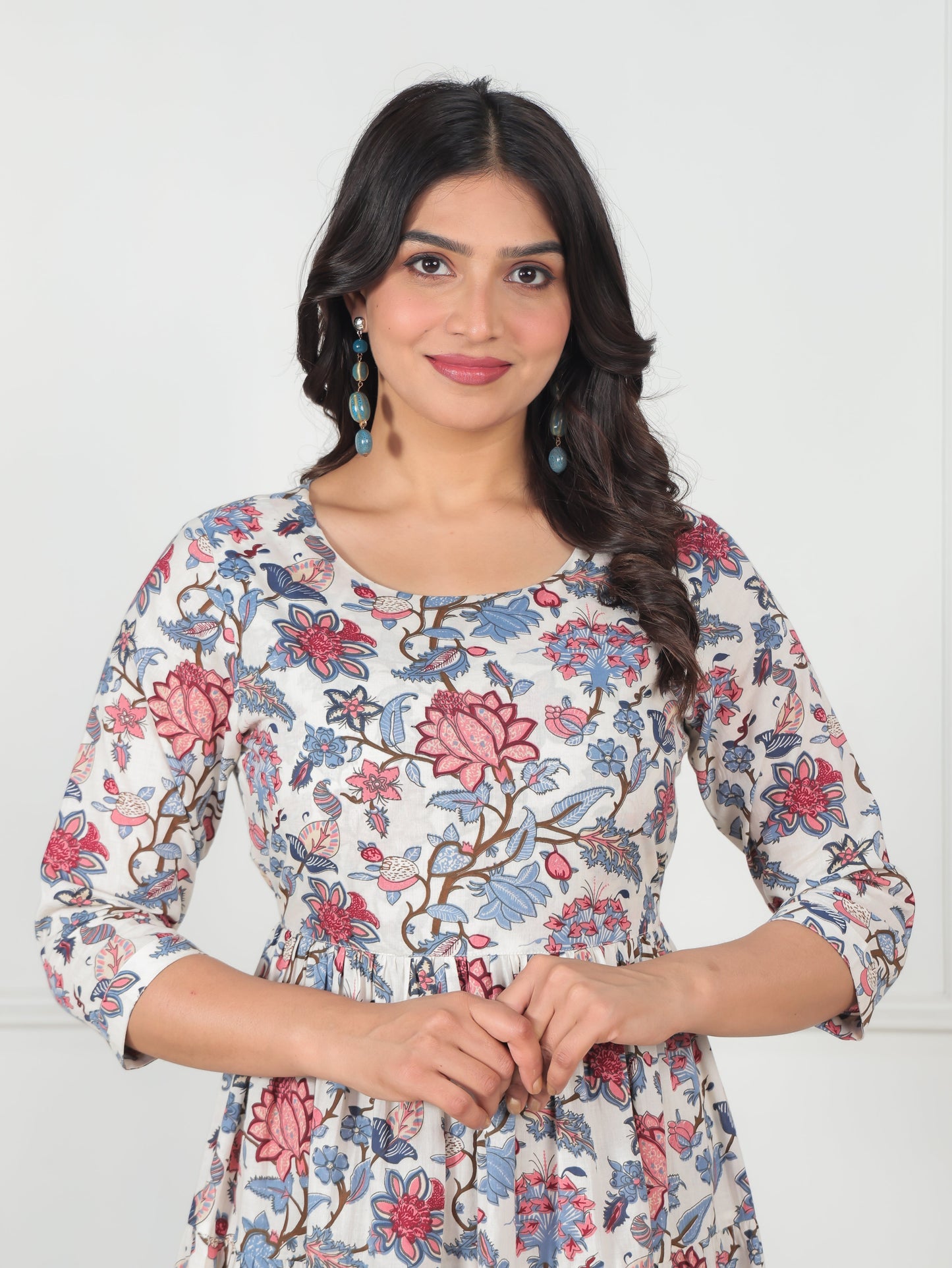 Soft Cotton Floral Anarkali White Dress