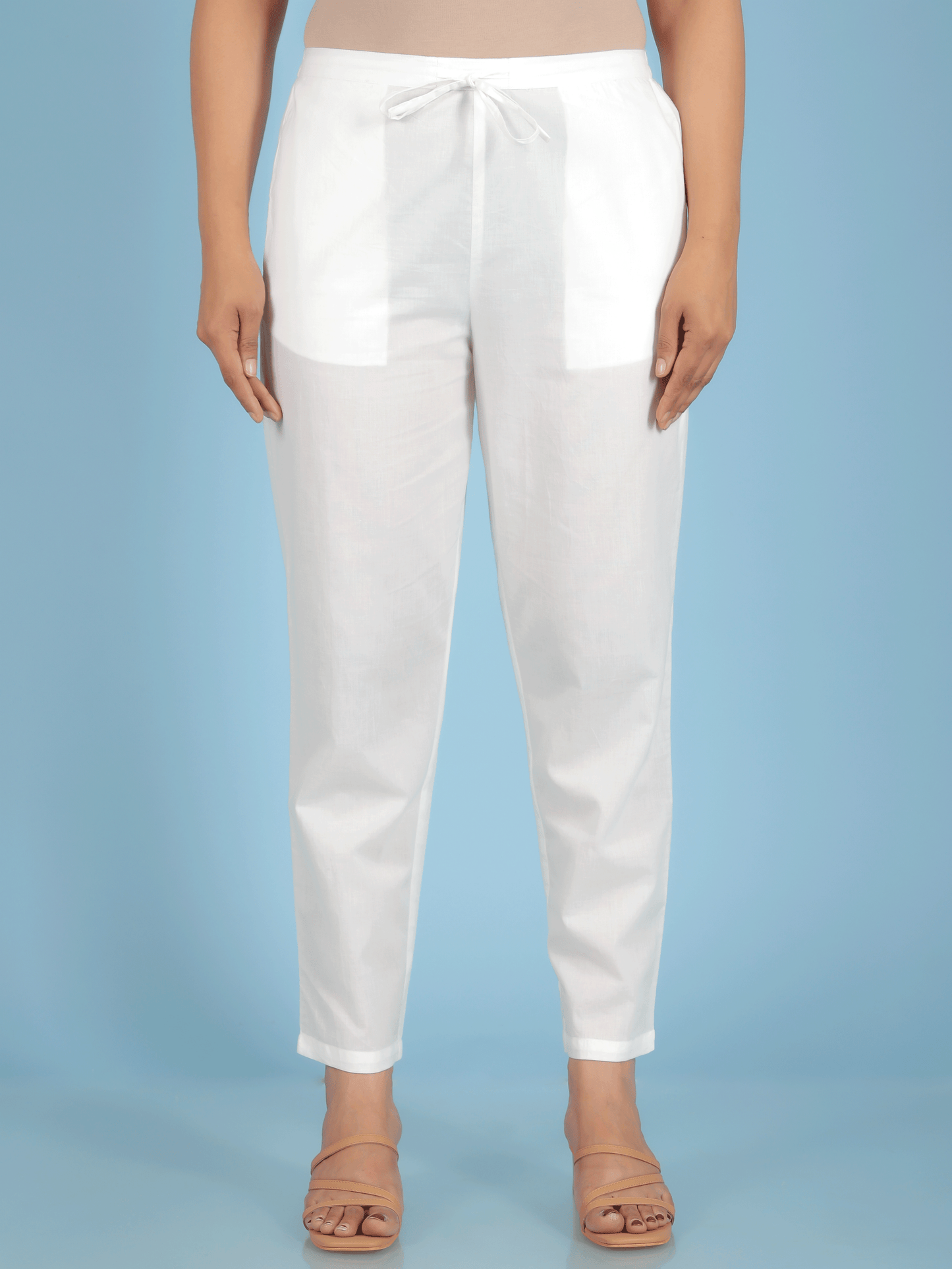 Soft Cotton Solid White Tapered Trousers