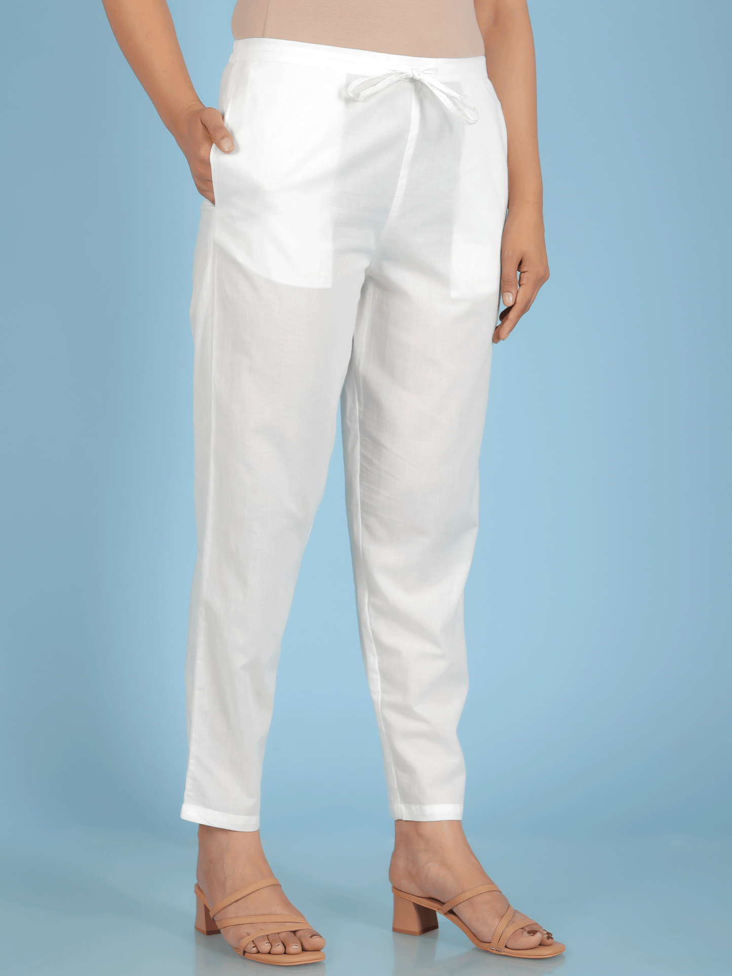Soft Cotton Solid White Tapered Trousers