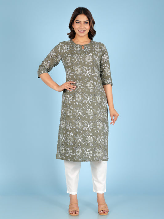 Soft Cotton Floral Straight Grey Kurta