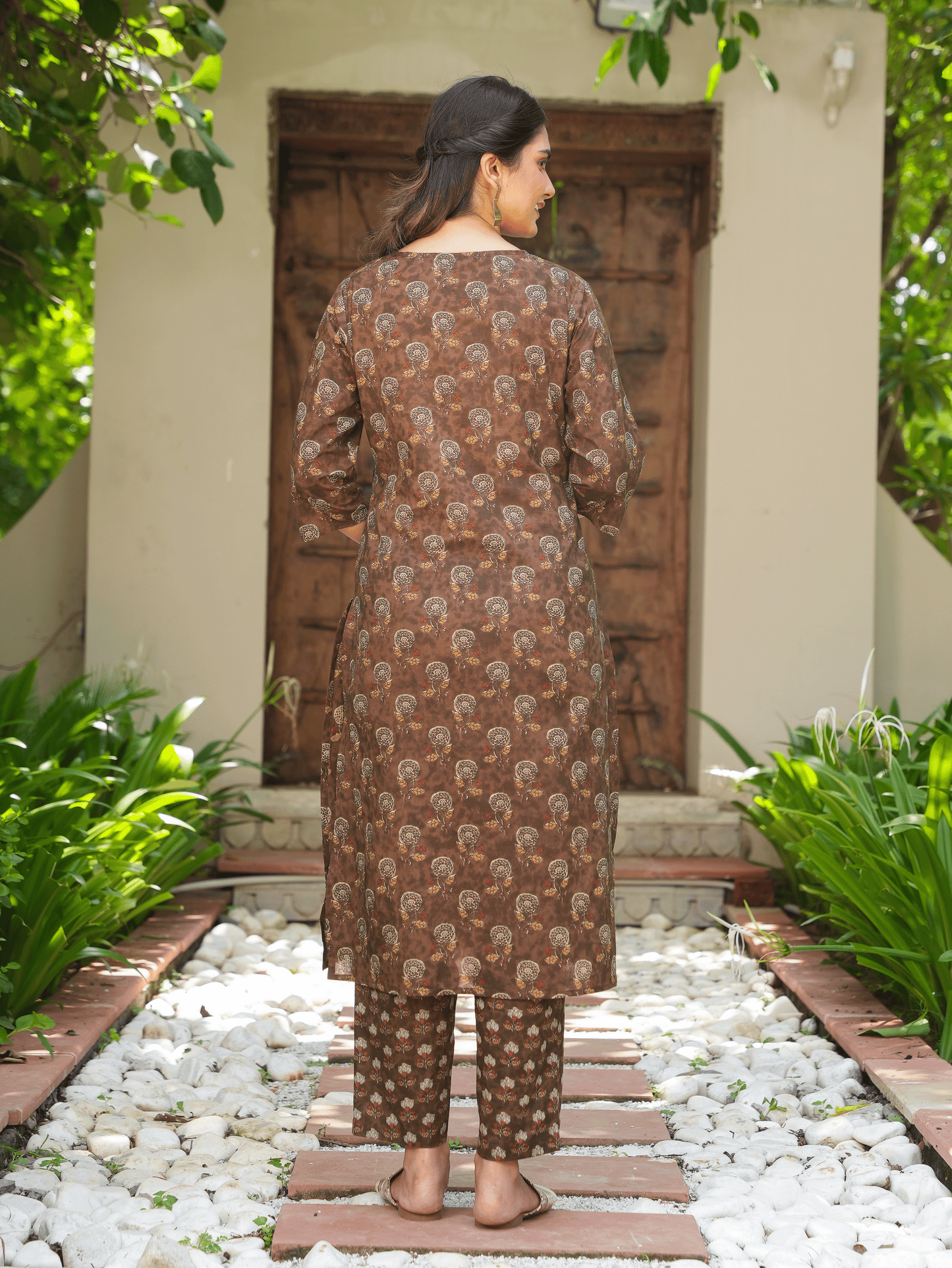 Soft Cotton Floral Straight Brown Kurta