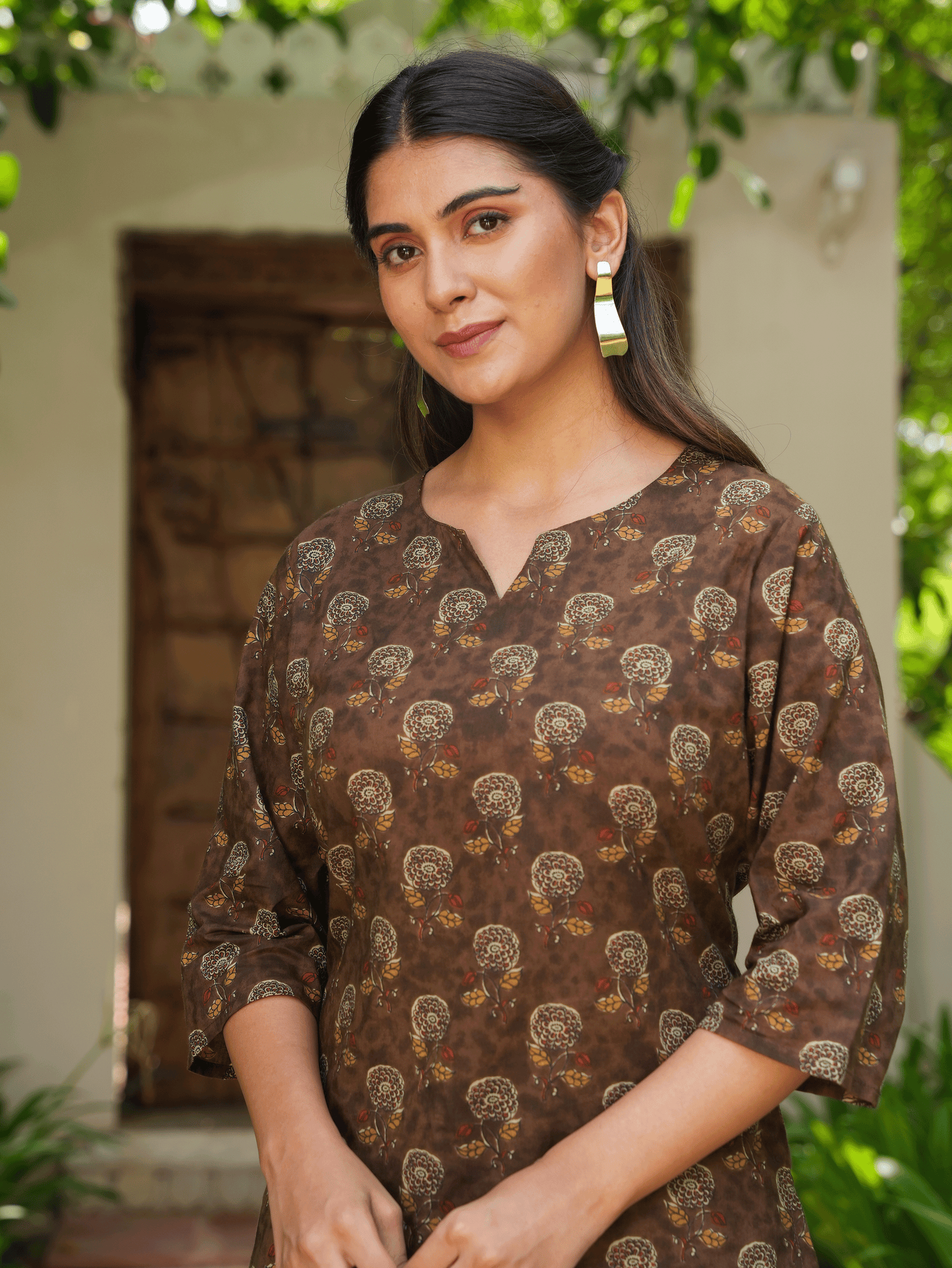 Soft Cotton Floral Straight Brown Kurta