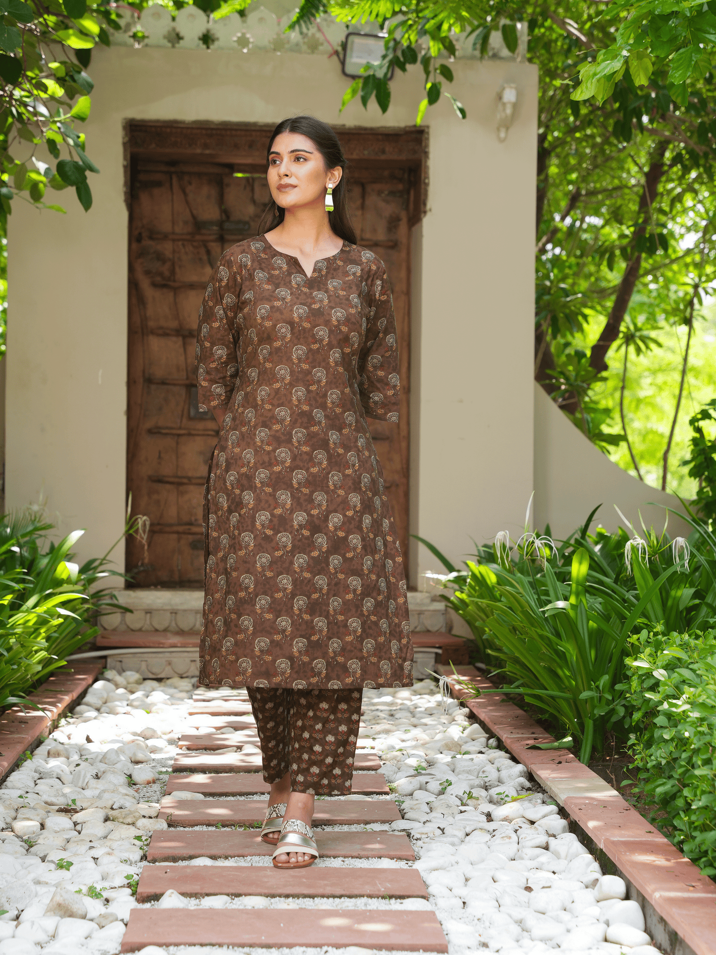 Soft Cotton Floral Straight Brown Kurta