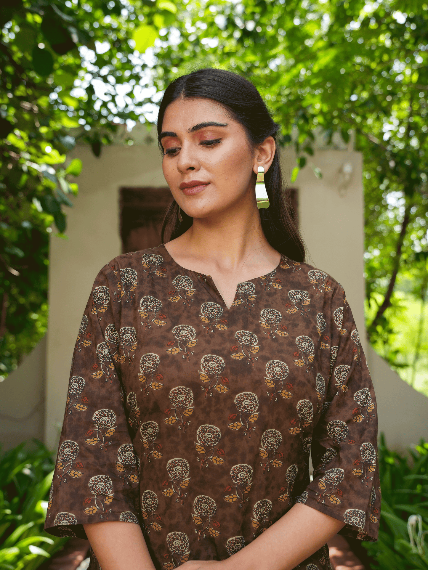 Soft Cotton Floral Straight Brown Kurta