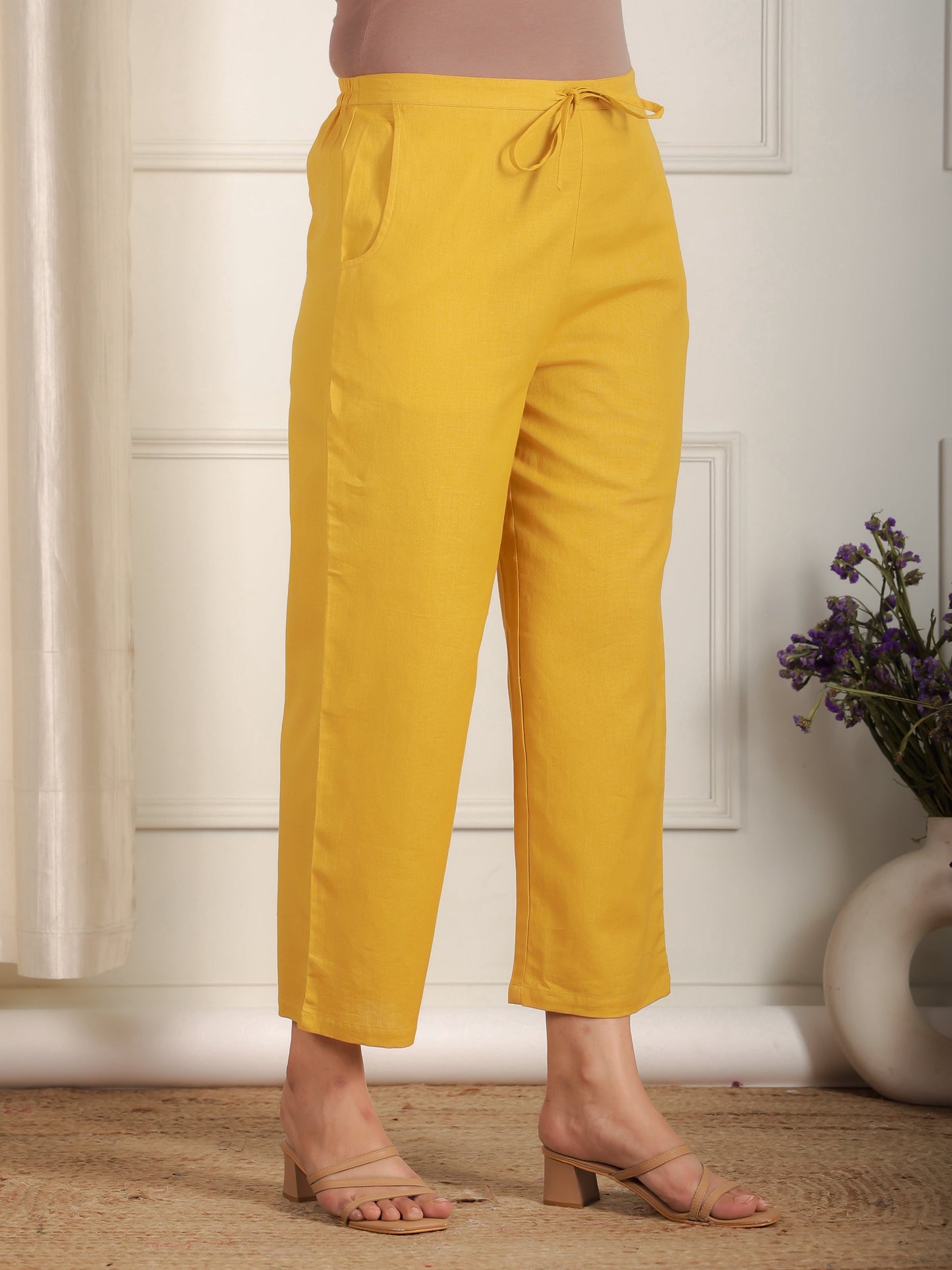 Linen Cotton Solid Yellow Straight Trousers