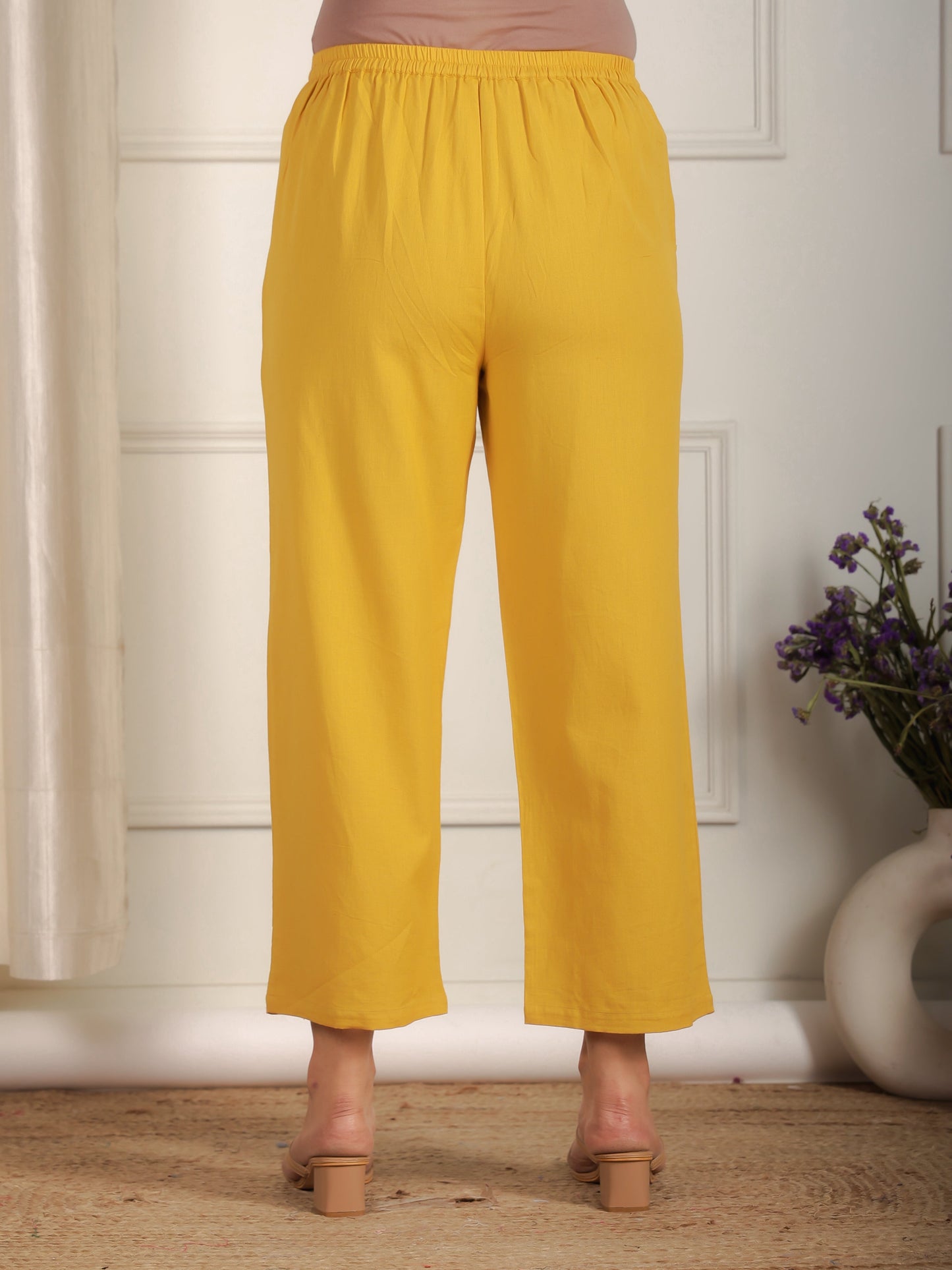 Linen Cotton Solid Yellow Straight Trousers