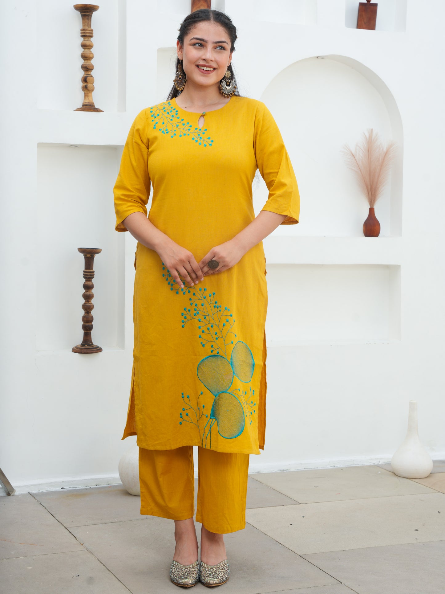Embroidered Linen Cotton Solid Straight Yellow Kurta