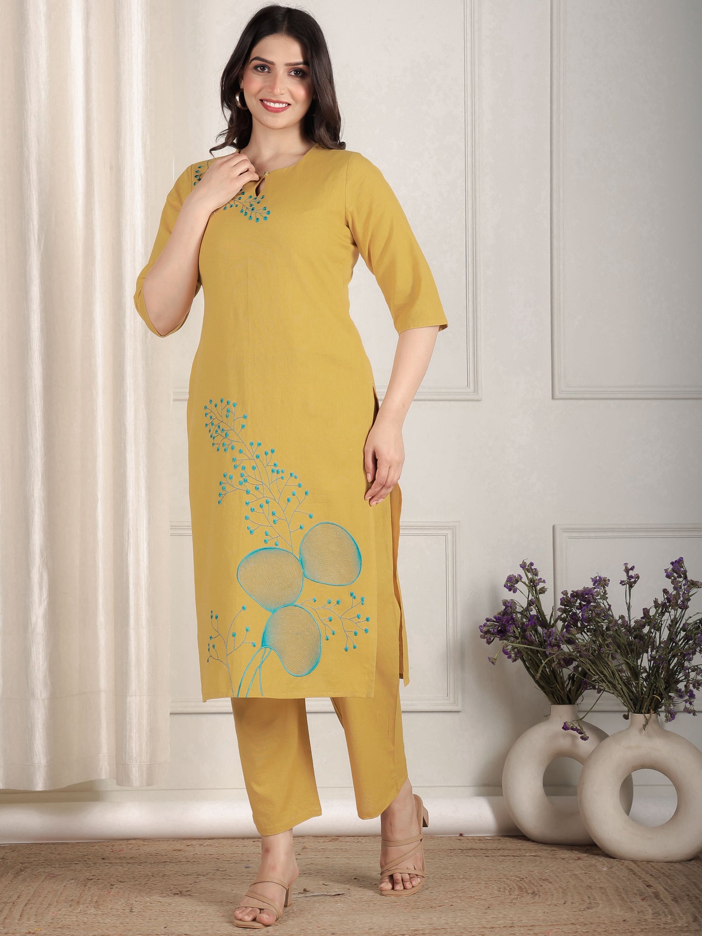 Embroidered Linen Cotton Solid Straight Yellow Kurta