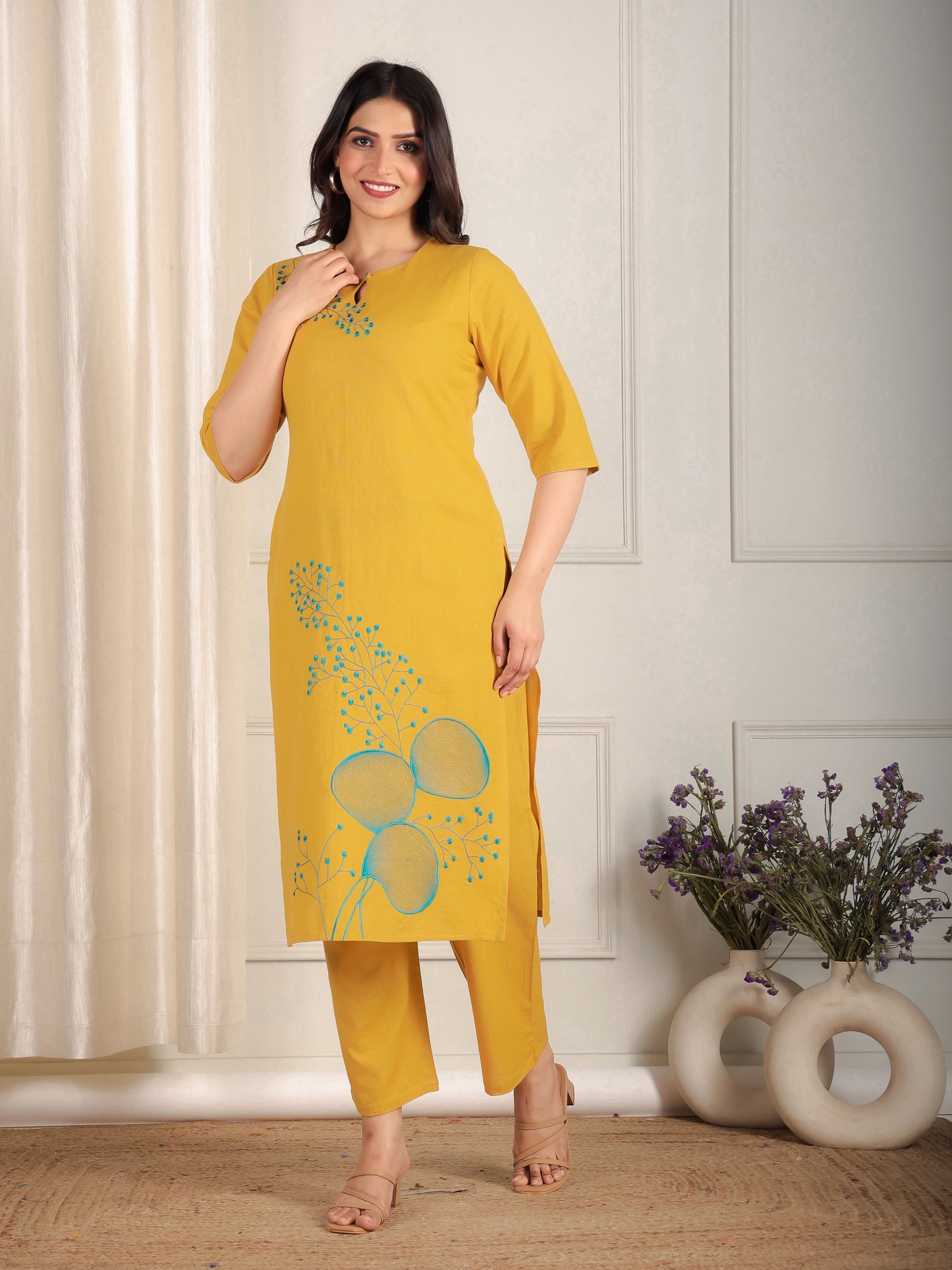 Embroidered Linen Cotton Solid Straight Yellow Kurta