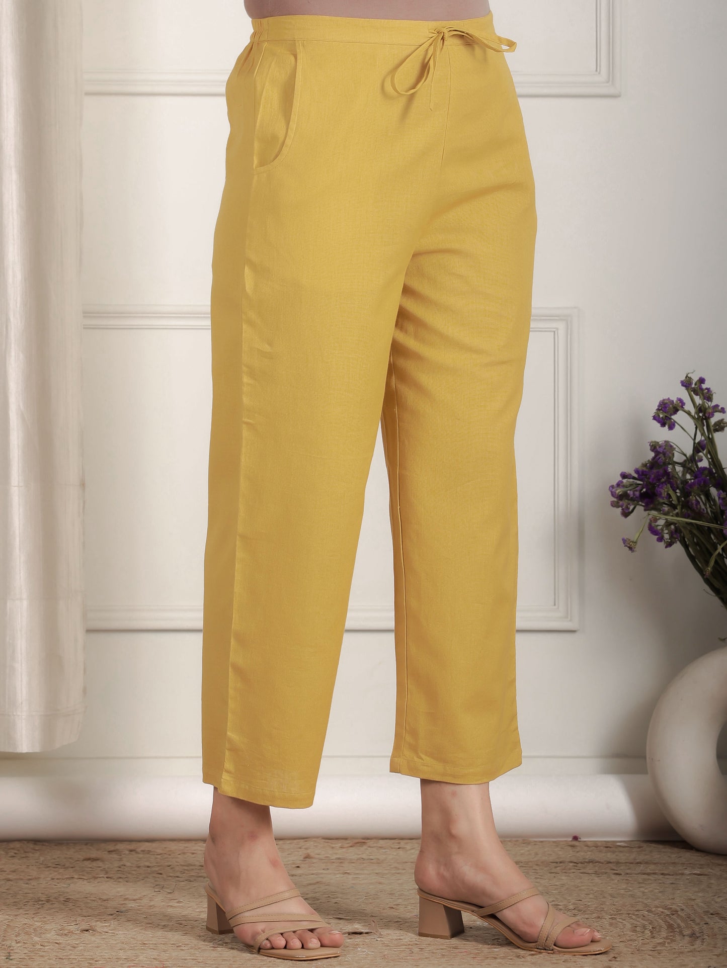 Embroidered Linen Cotton Solid Straight Yellow Kurta