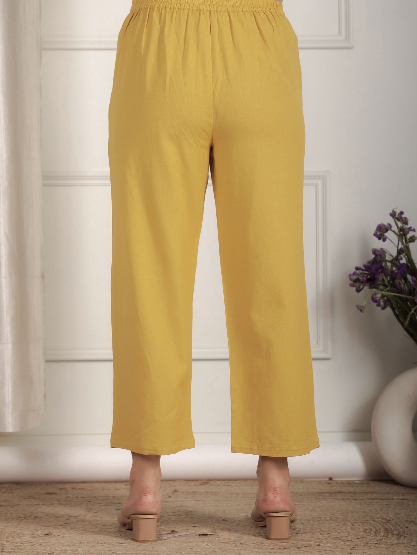 Embroidered Linen Cotton Solid Straight Yellow Kurta