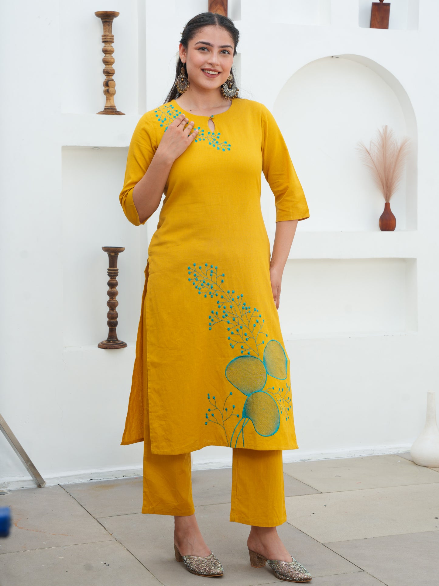 Embroidered Linen Cotton Solid Straight Yellow Kurta