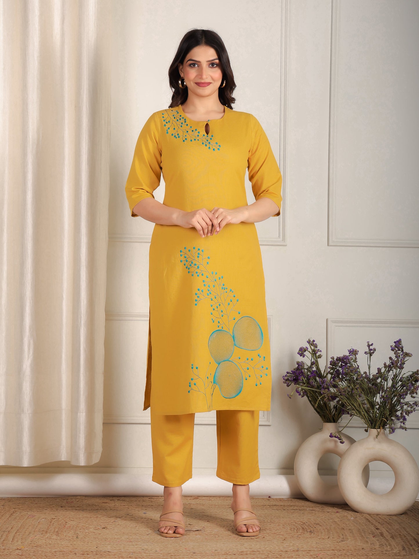 Embroidered Linen Cotton Solid Straight Yellow Kurta