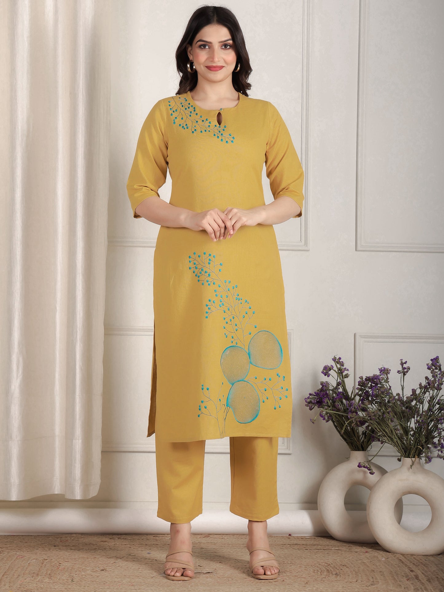 Embroidered Linen Cotton Solid Straight Yellow Kurta