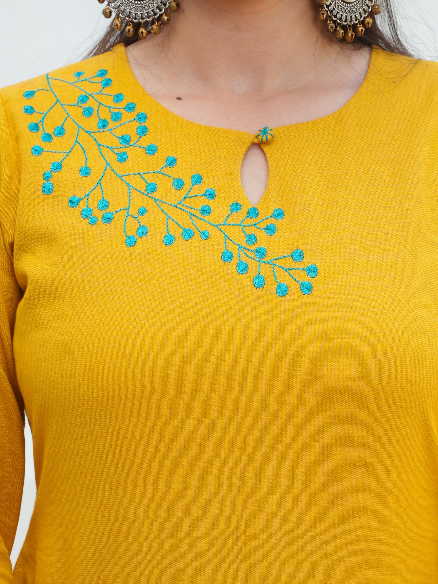 Embroidered Linen Cotton Solid Straight Yellow Kurta