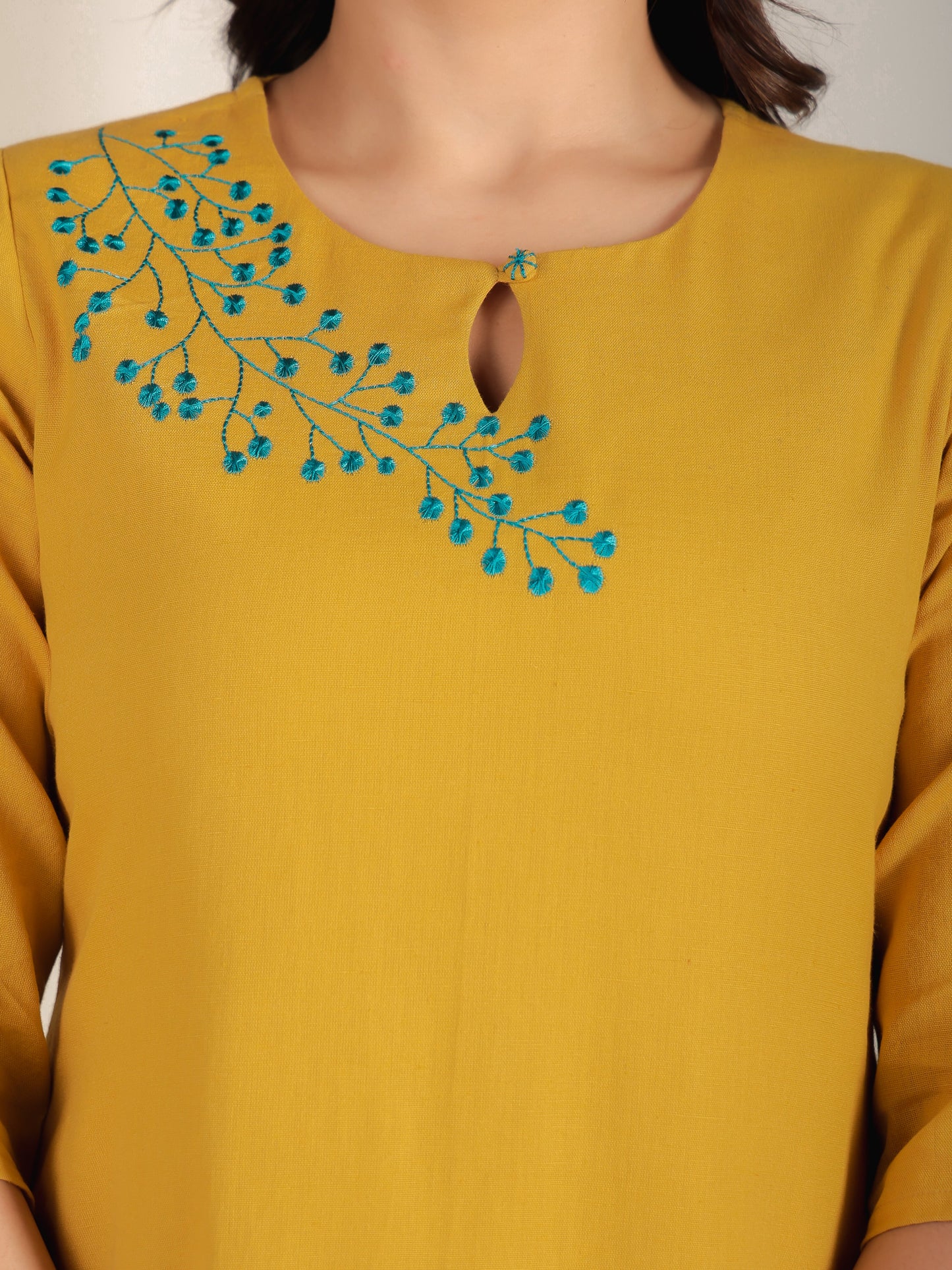 Embroidered Linen Cotton Solid Straight Yellow Kurta