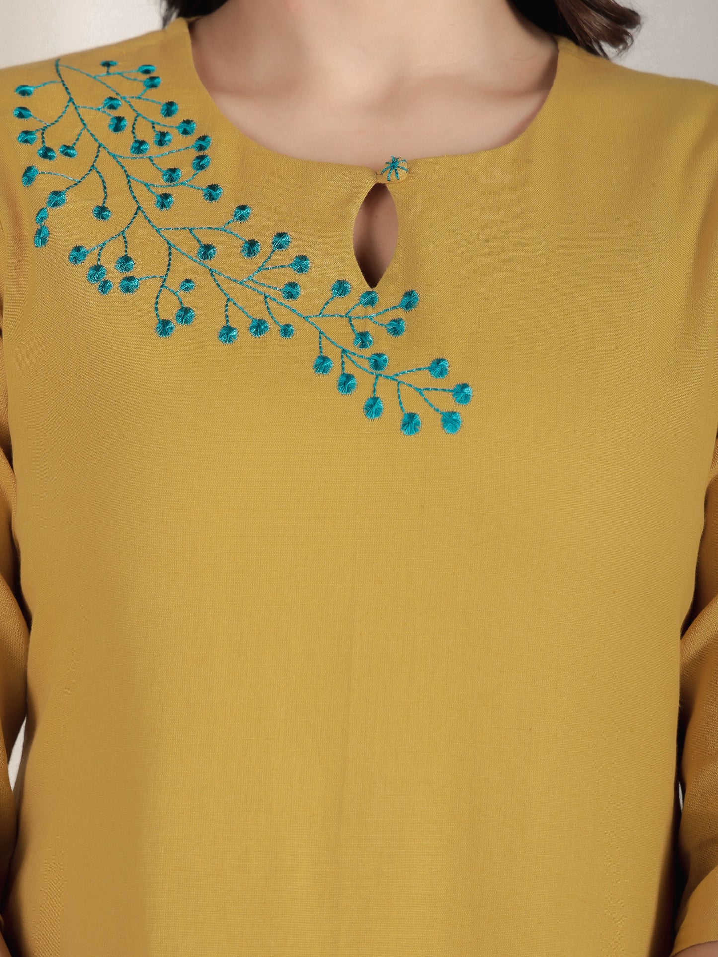 Embroidered Linen Cotton Solid Straight Yellow Kurta