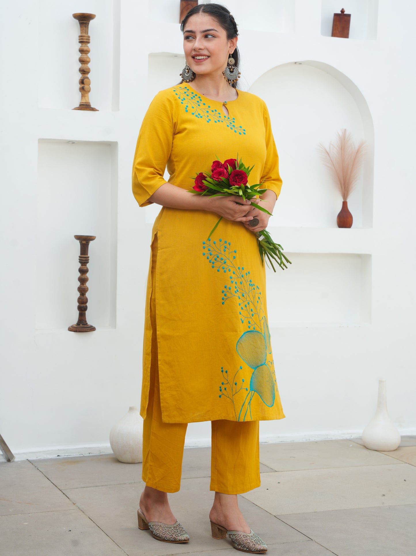 Embroidered Linen Cotton Solid Straight Yellow Kurta