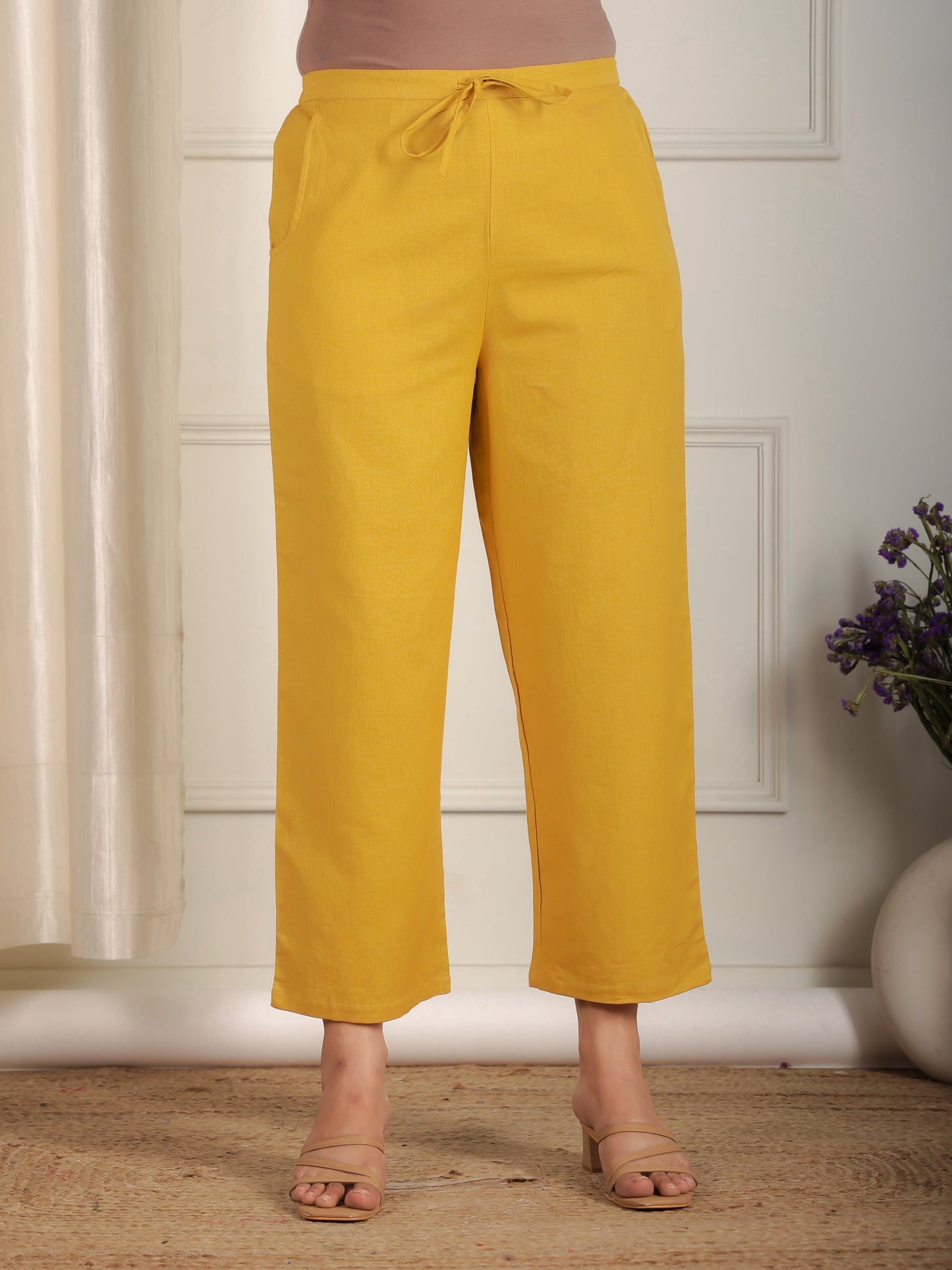 Embroidered Linen Cotton Solid Straight Yellow Kurta