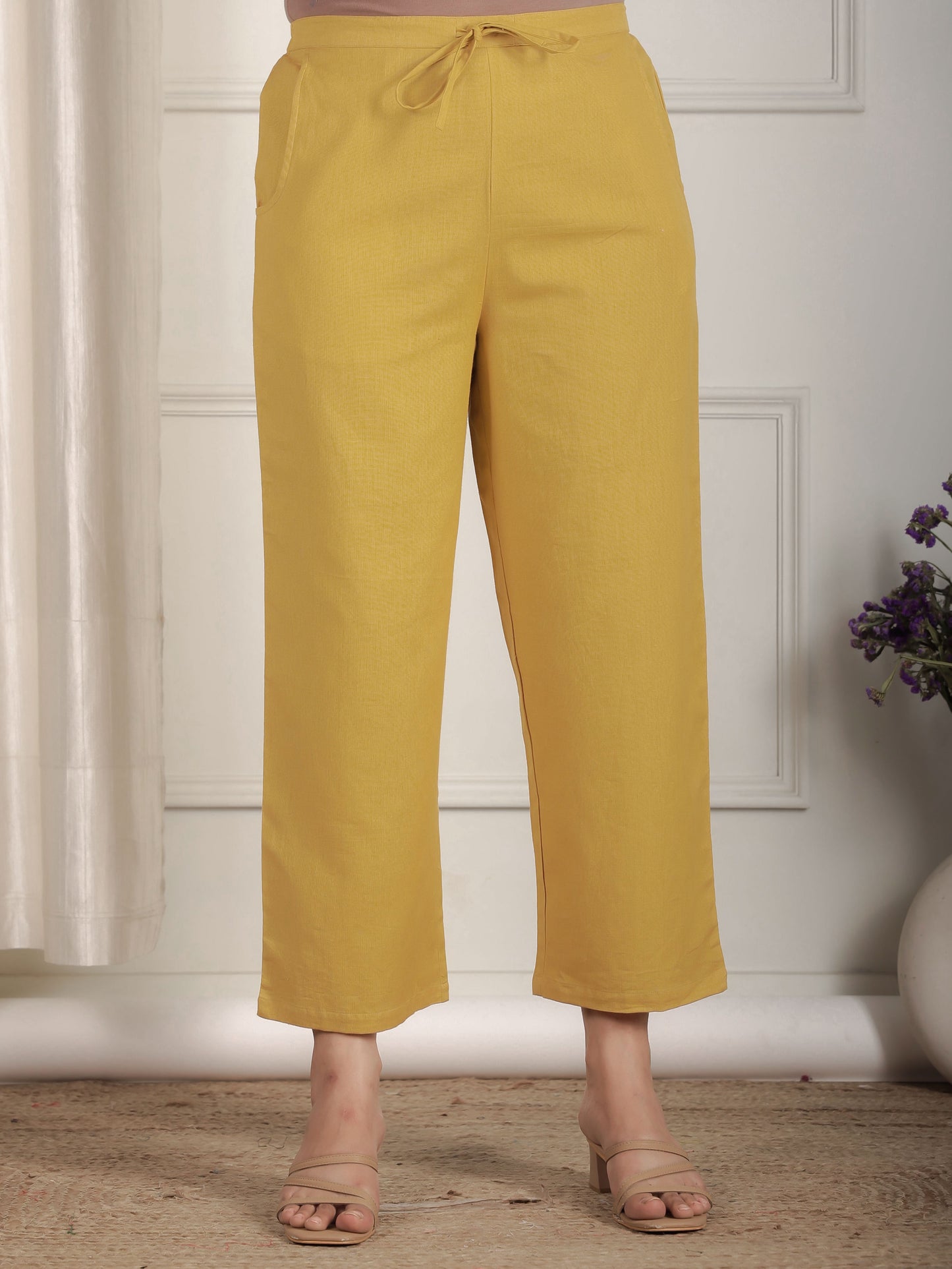 Embroidered Linen Cotton Solid Straight Yellow Kurta