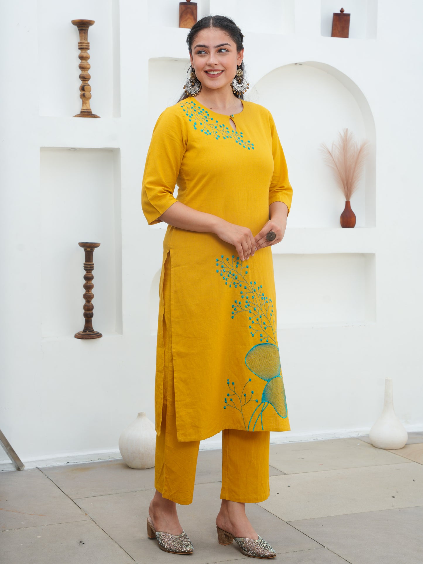 Embroidered Linen Cotton Solid Straight Yellow Kurta