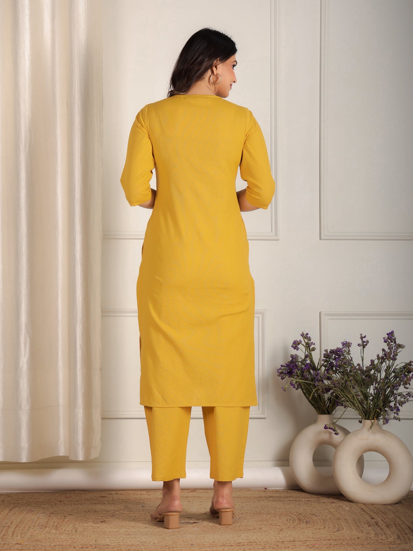 Embroidered Linen Cotton Solid Straight Yellow Kurta