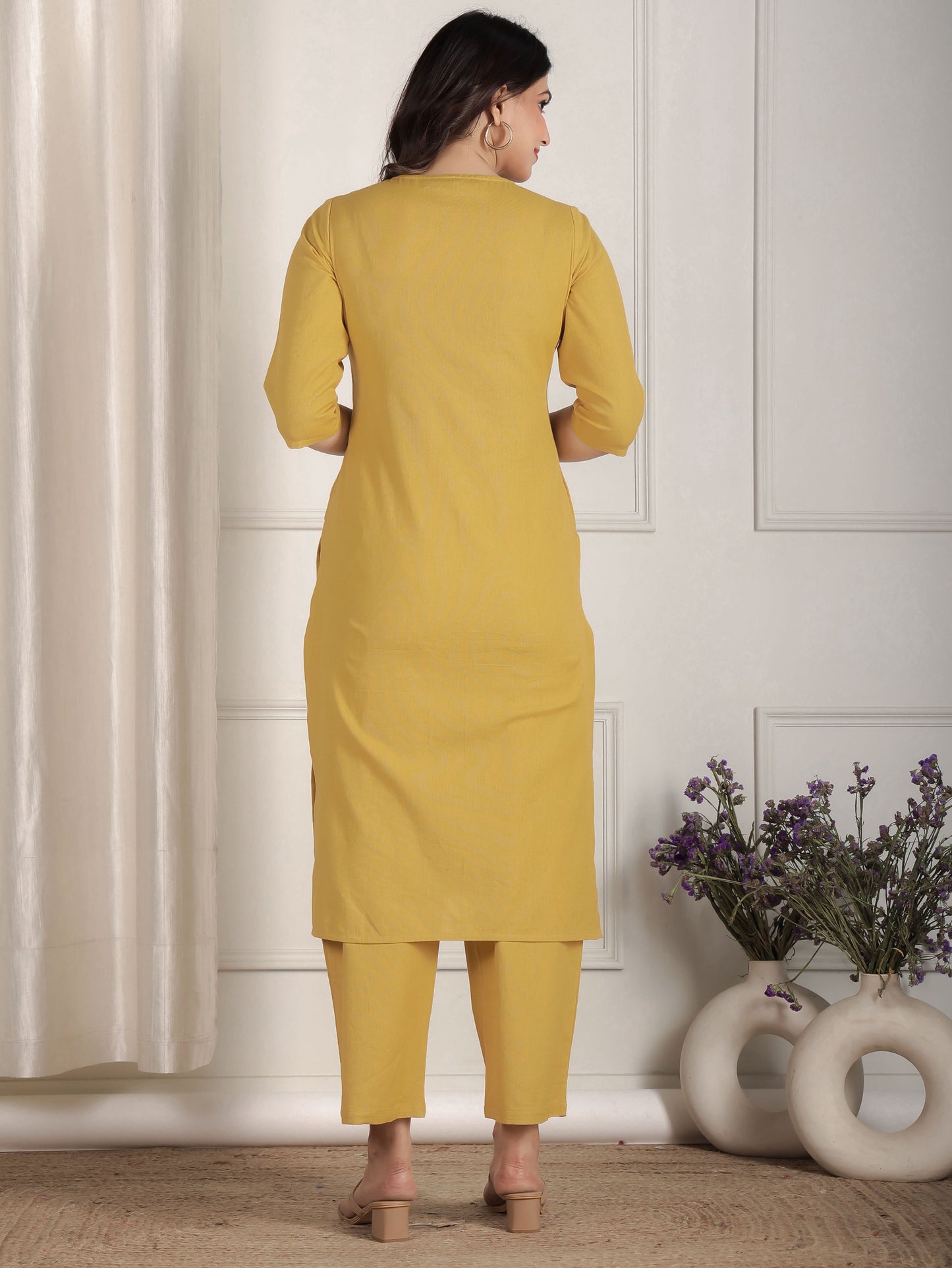 Embroidered Linen Cotton Solid Straight Yellow Kurta