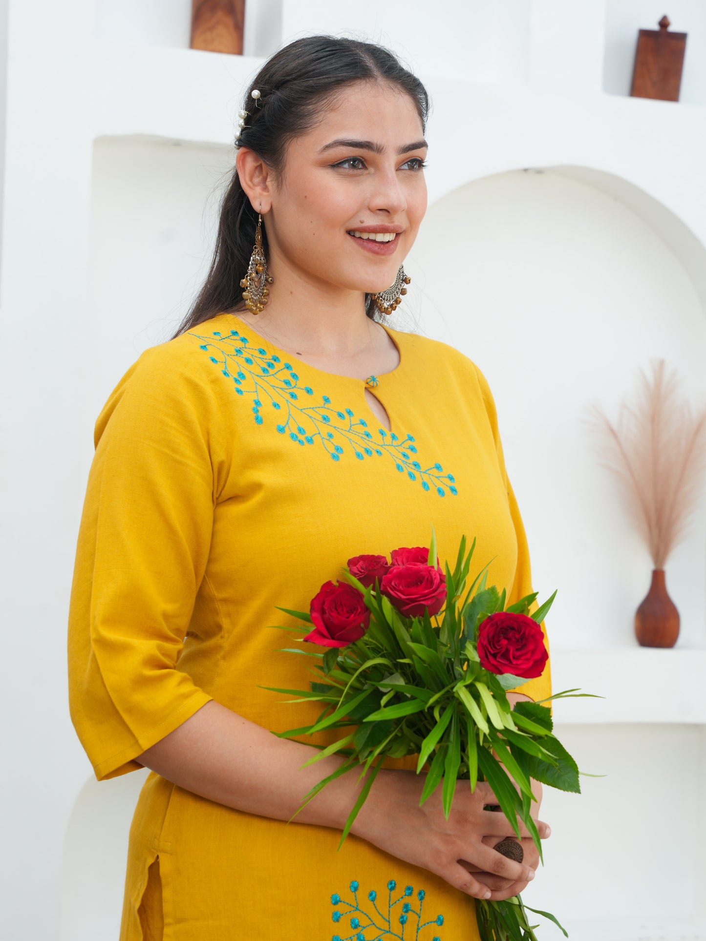 Embroidered Linen Cotton Solid Straight Yellow Kurta