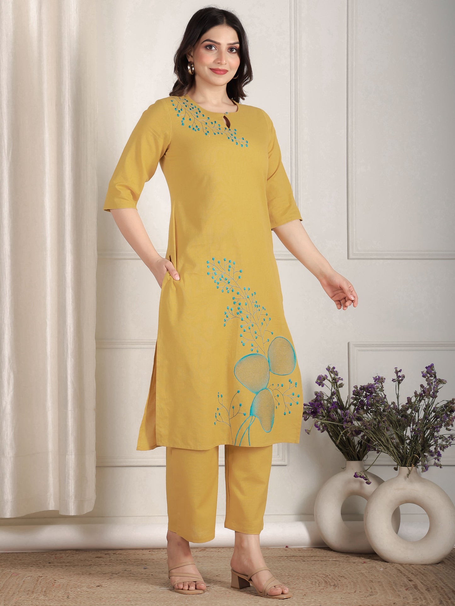 Embroidered Linen Cotton Solid Straight Yellow Kurta