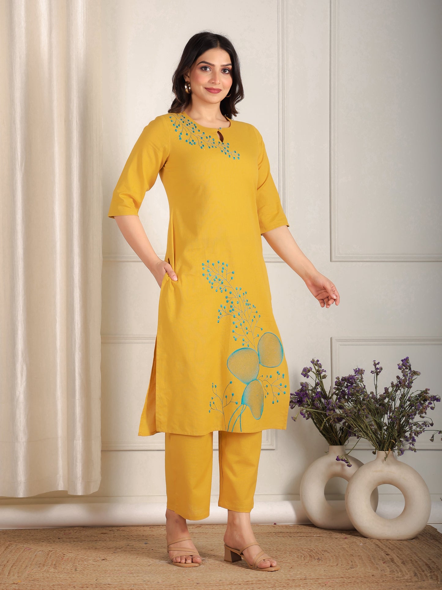 Embroidered Linen Cotton Solid Straight Yellow Kurta