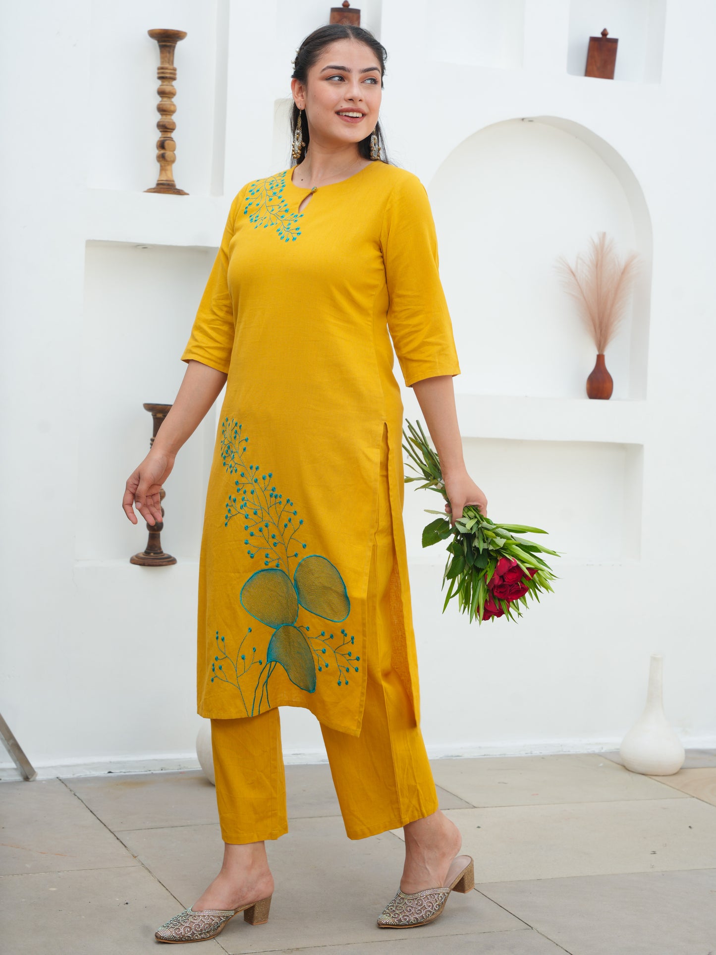 Embroidered Linen Cotton Solid Straight Yellow Kurta