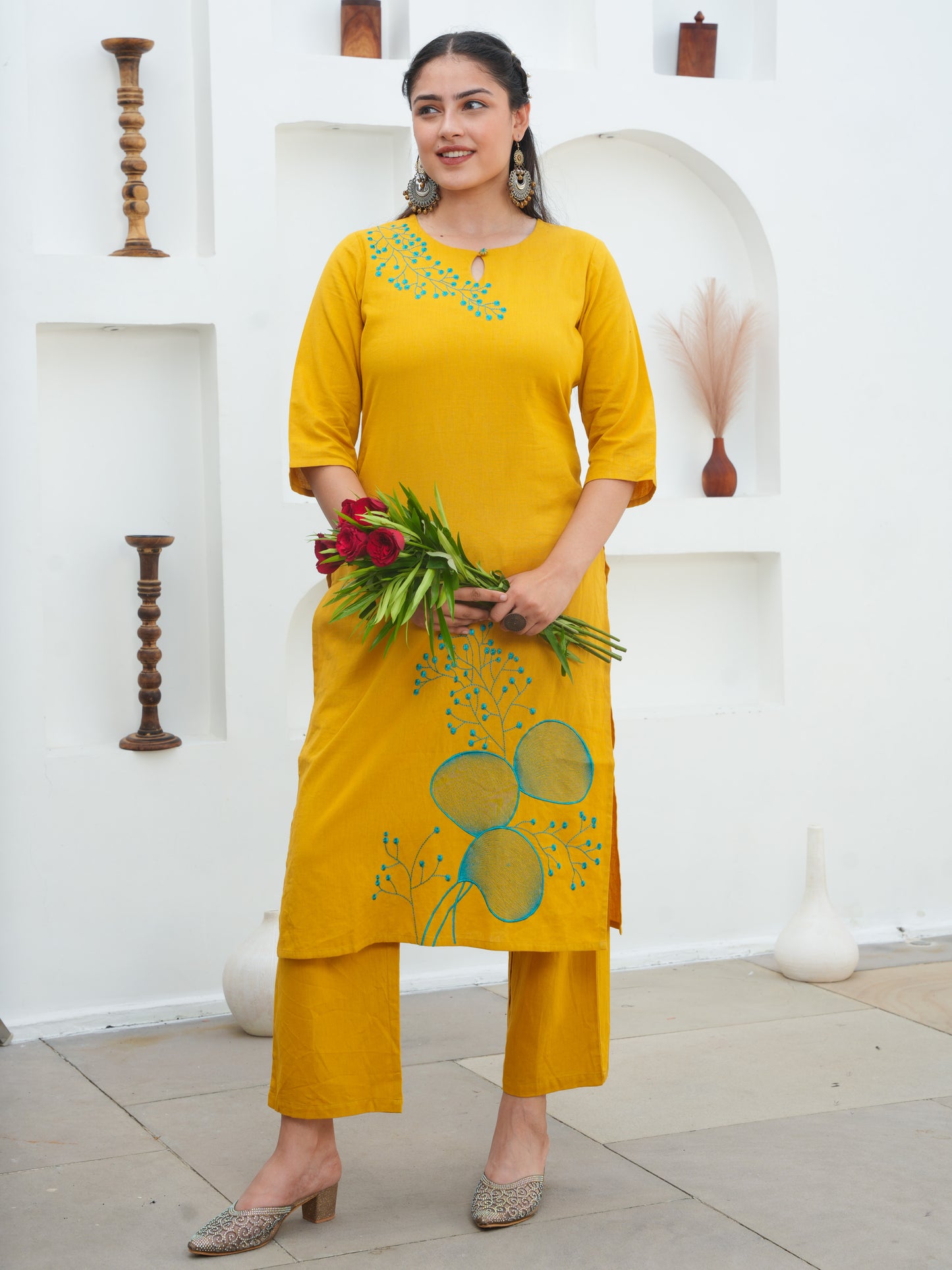 Embroidered Linen Cotton Solid Straight Yellow Kurta