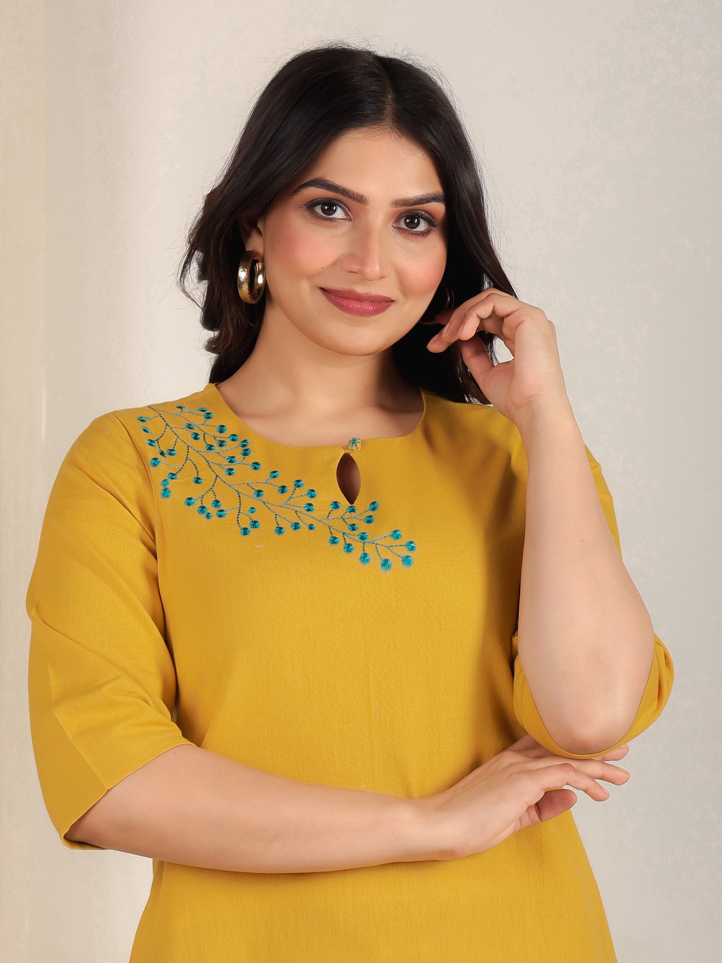 Embroidered Linen Cotton Solid Straight Yellow Kurta