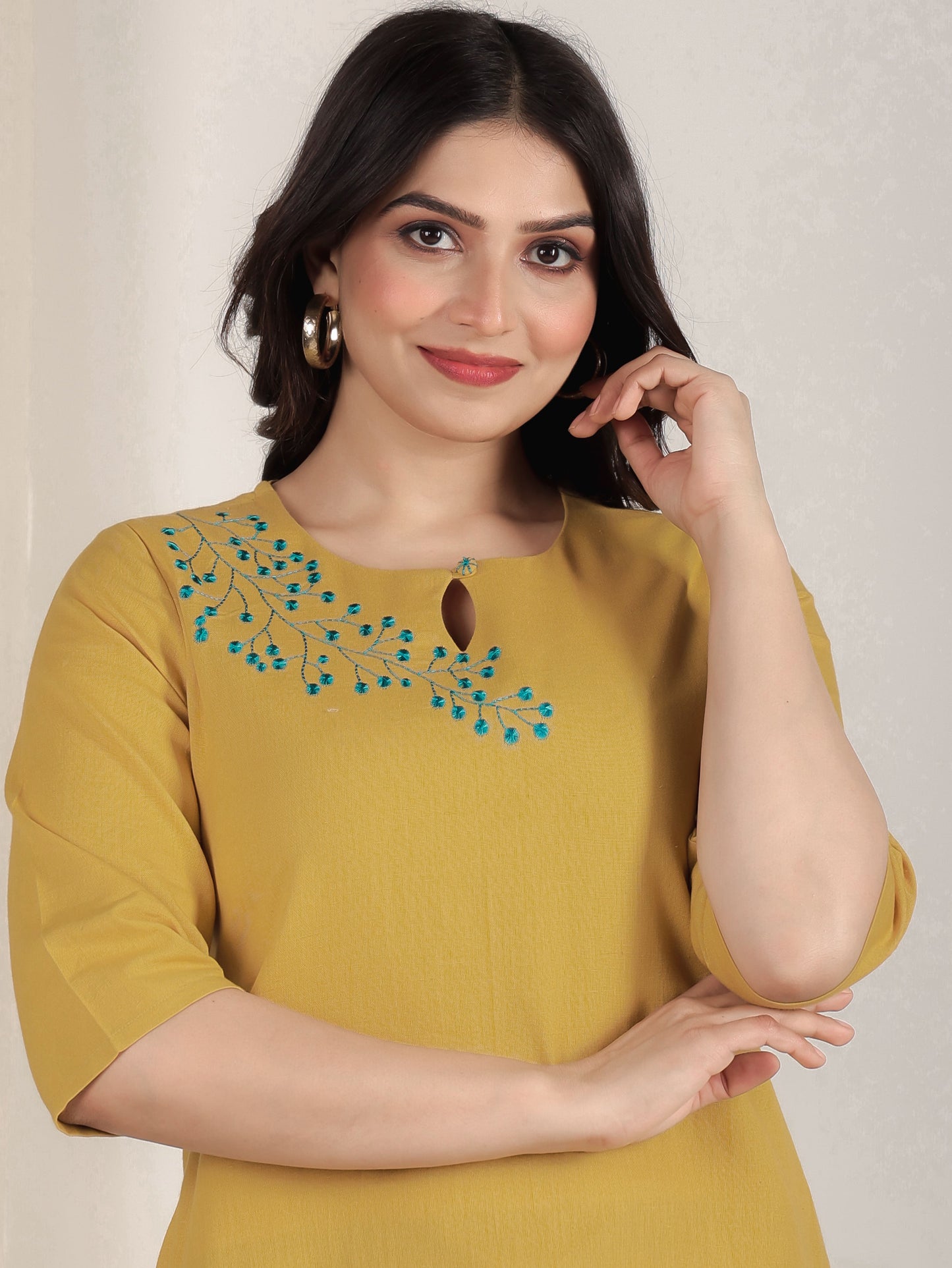 Embroidered Linen Cotton Solid Straight Yellow Kurta