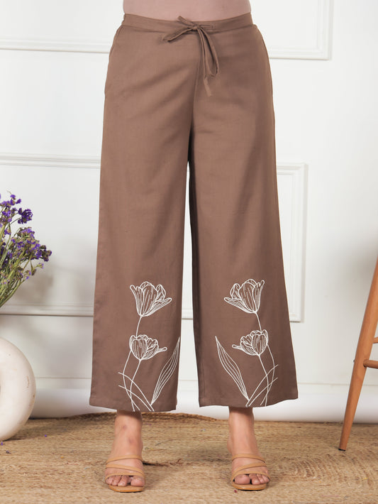 Embroidered Linen Cotton Solid Brown Palazzo