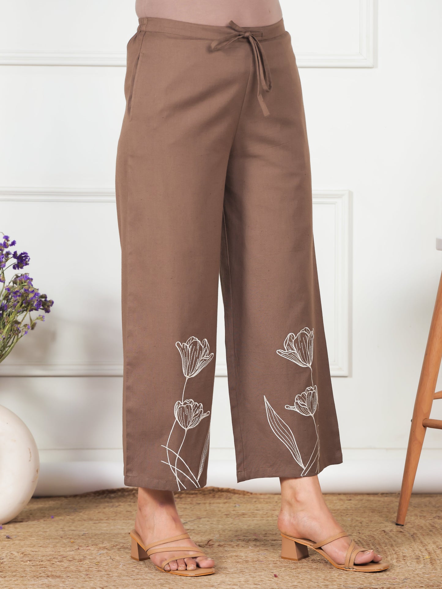 Embroidered Linen Cotton Solid Brown Palazzo