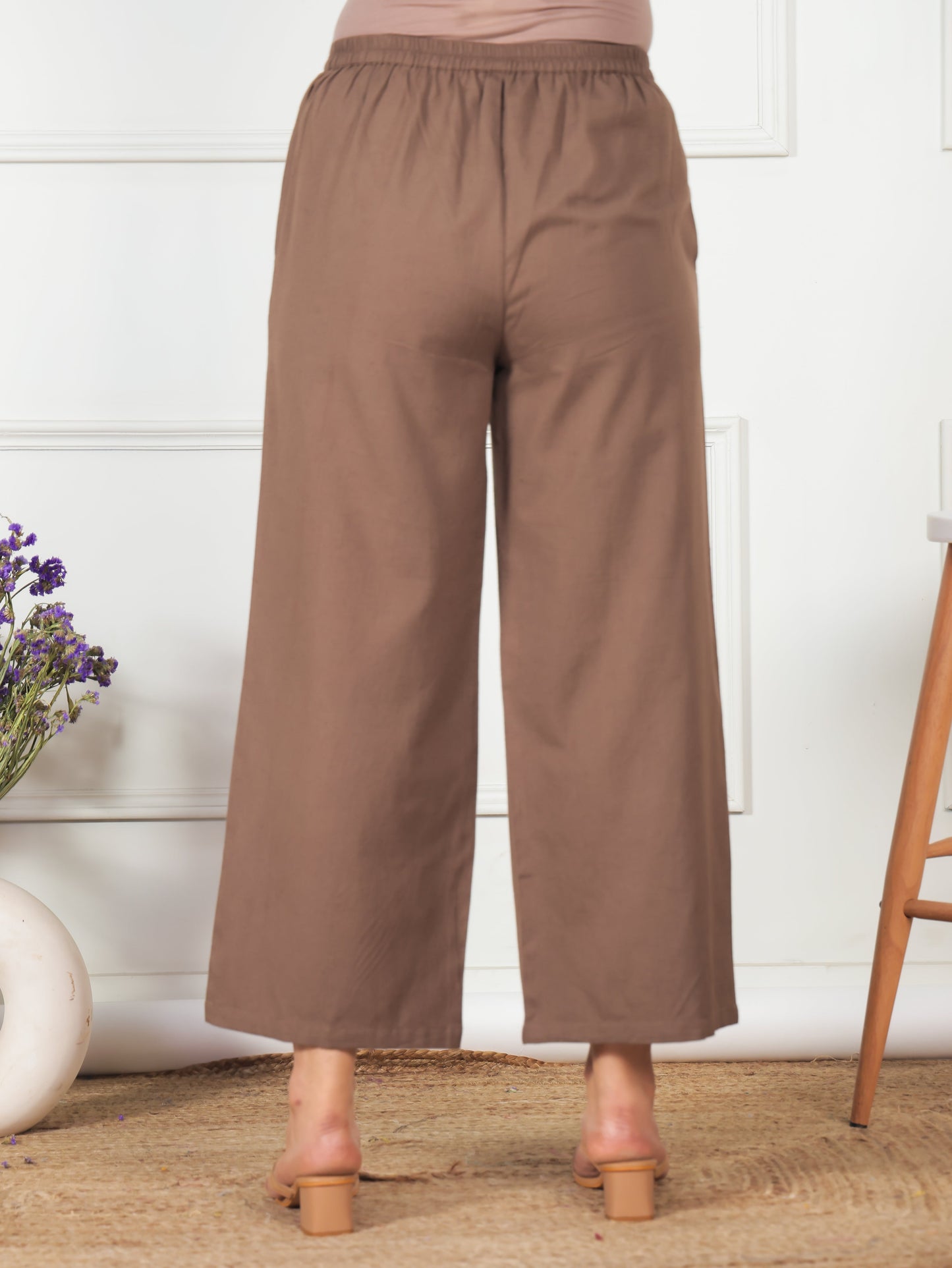 Embroidered Linen Cotton Solid Brown Palazzo