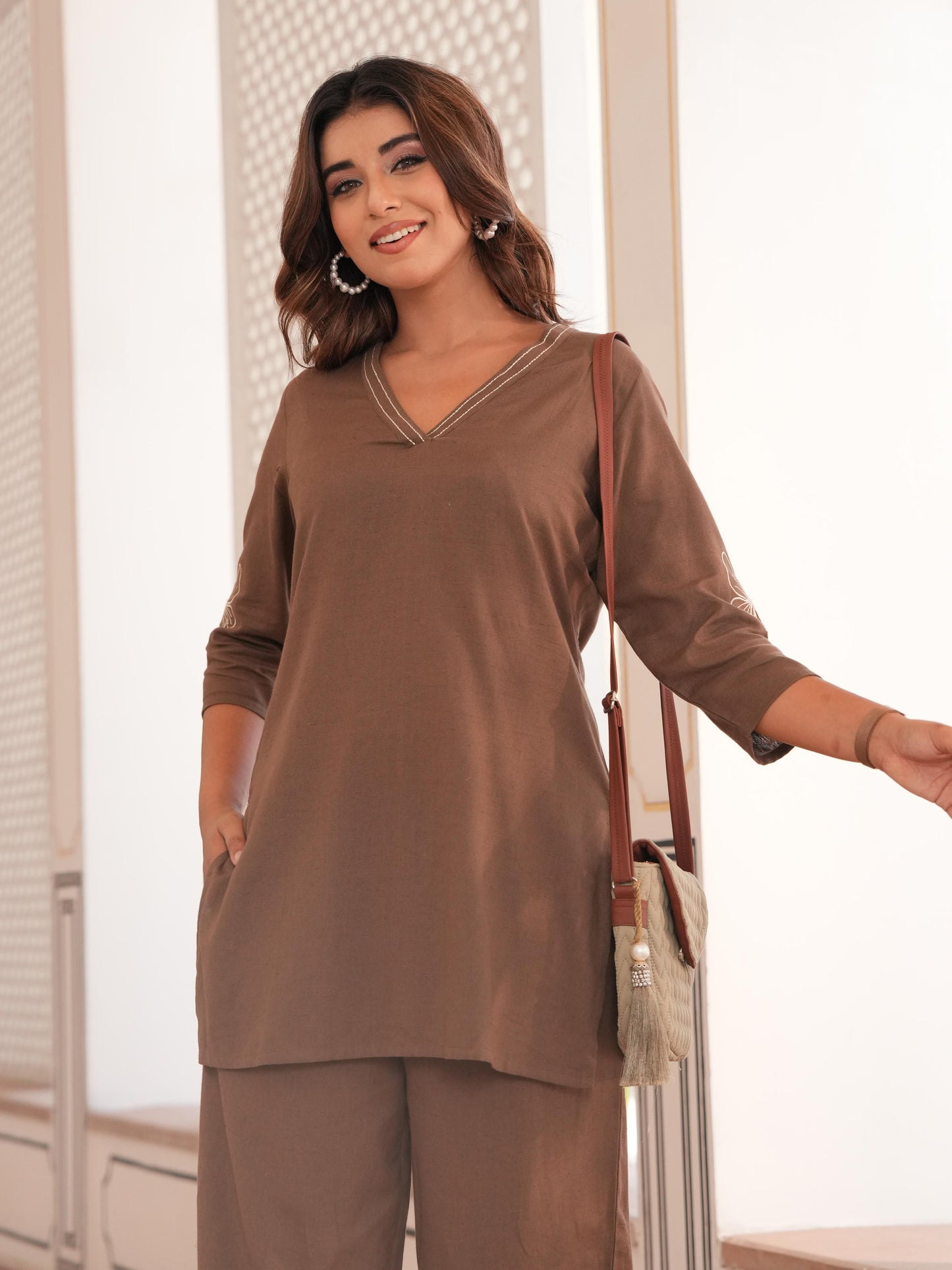 Embroidered Linen Cotton Solid Straight Brown Kurta
