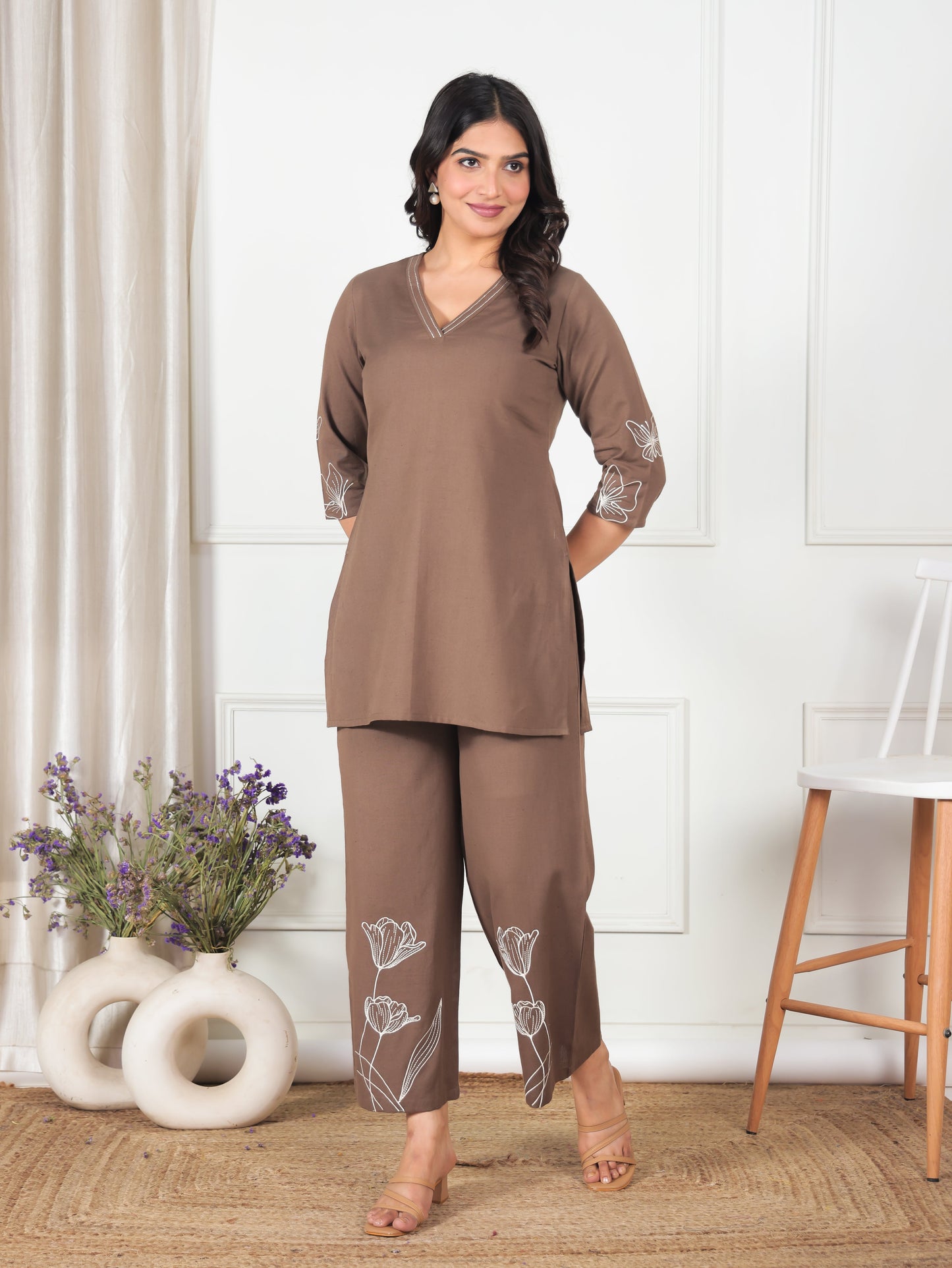Embroidered Linen Cotton Solid Straight Brown Kurta