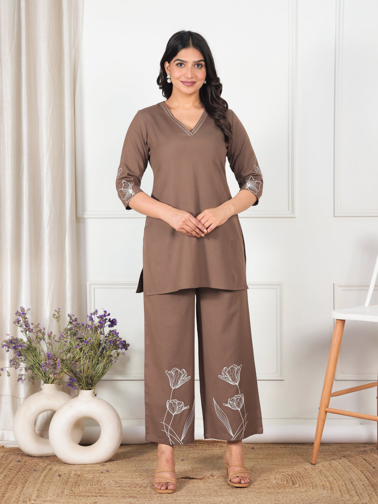 Embroidered Linen Cotton Solid Straight Brown Kurta