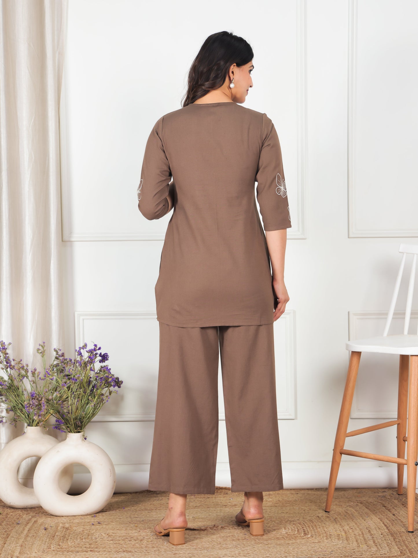Embroidered Linen Cotton Solid Straight Brown Kurta