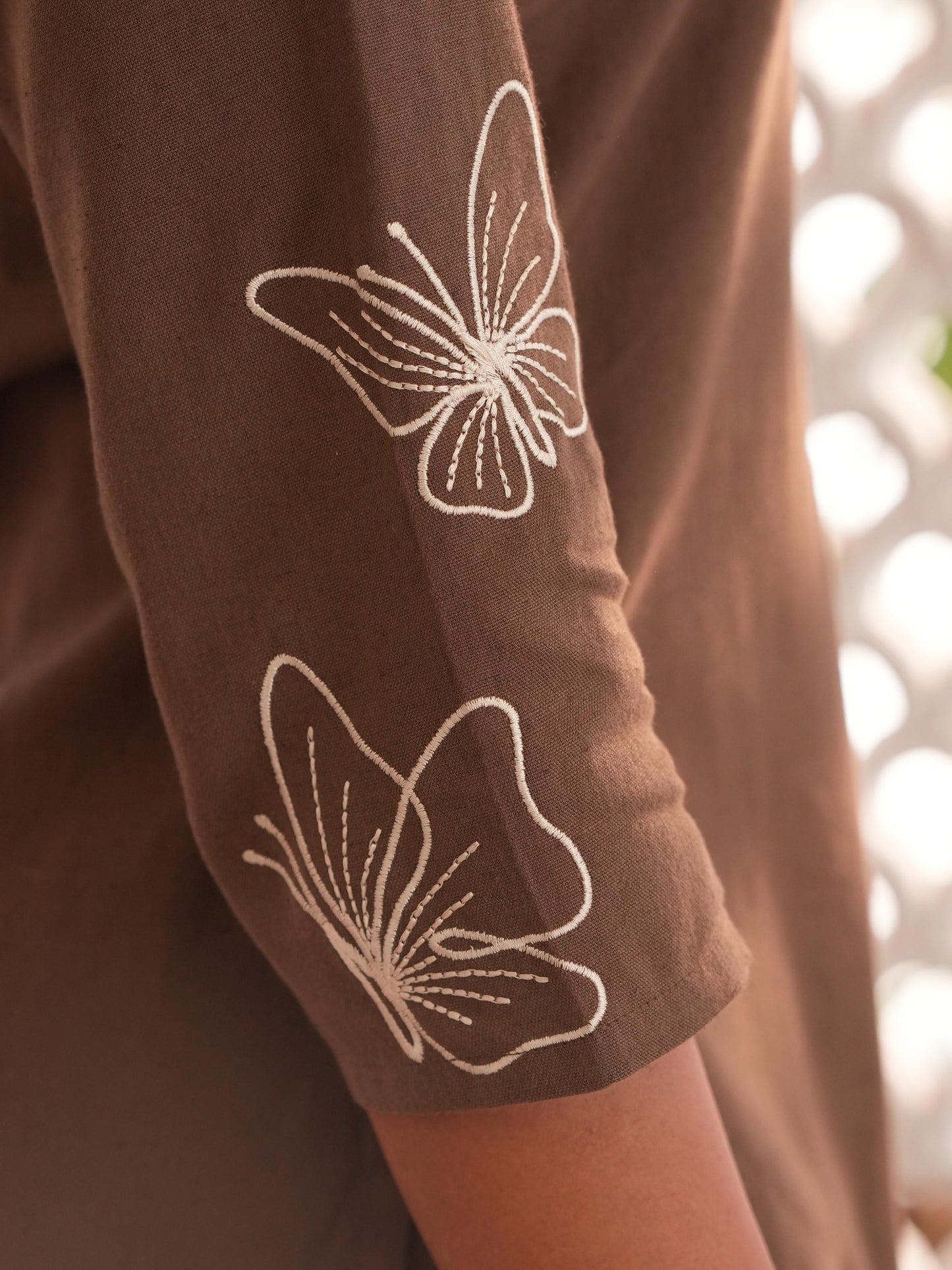 Embroidered Linen Cotton Solid Straight Brown Kurta