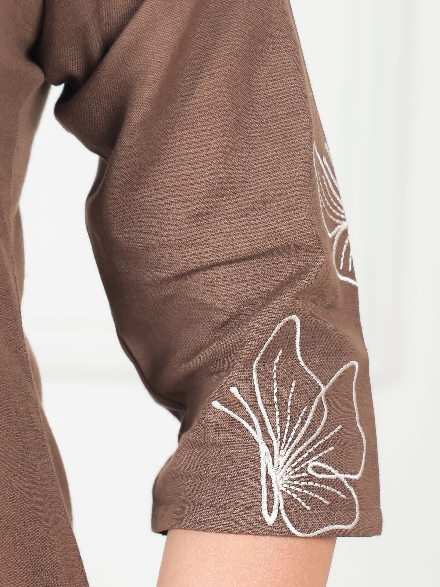 Embroidered Linen Cotton Solid Straight Brown Kurta