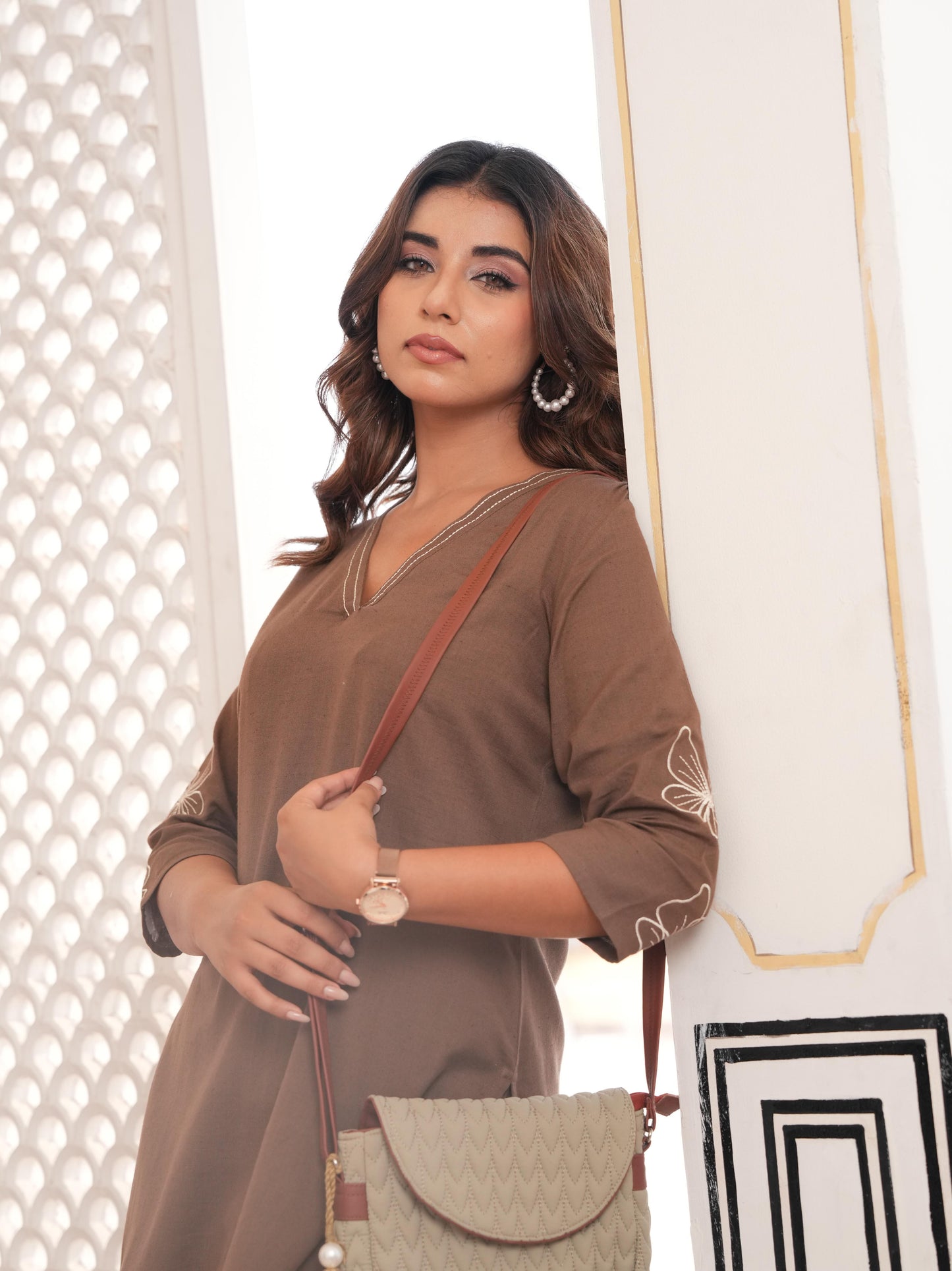 Embroidered Linen Cotton Solid Straight Brown Kurta
