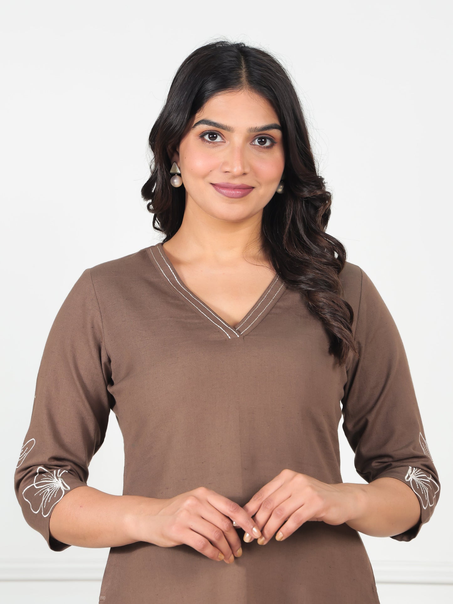 Embroidered Linen Cotton Solid Straight Brown Kurta