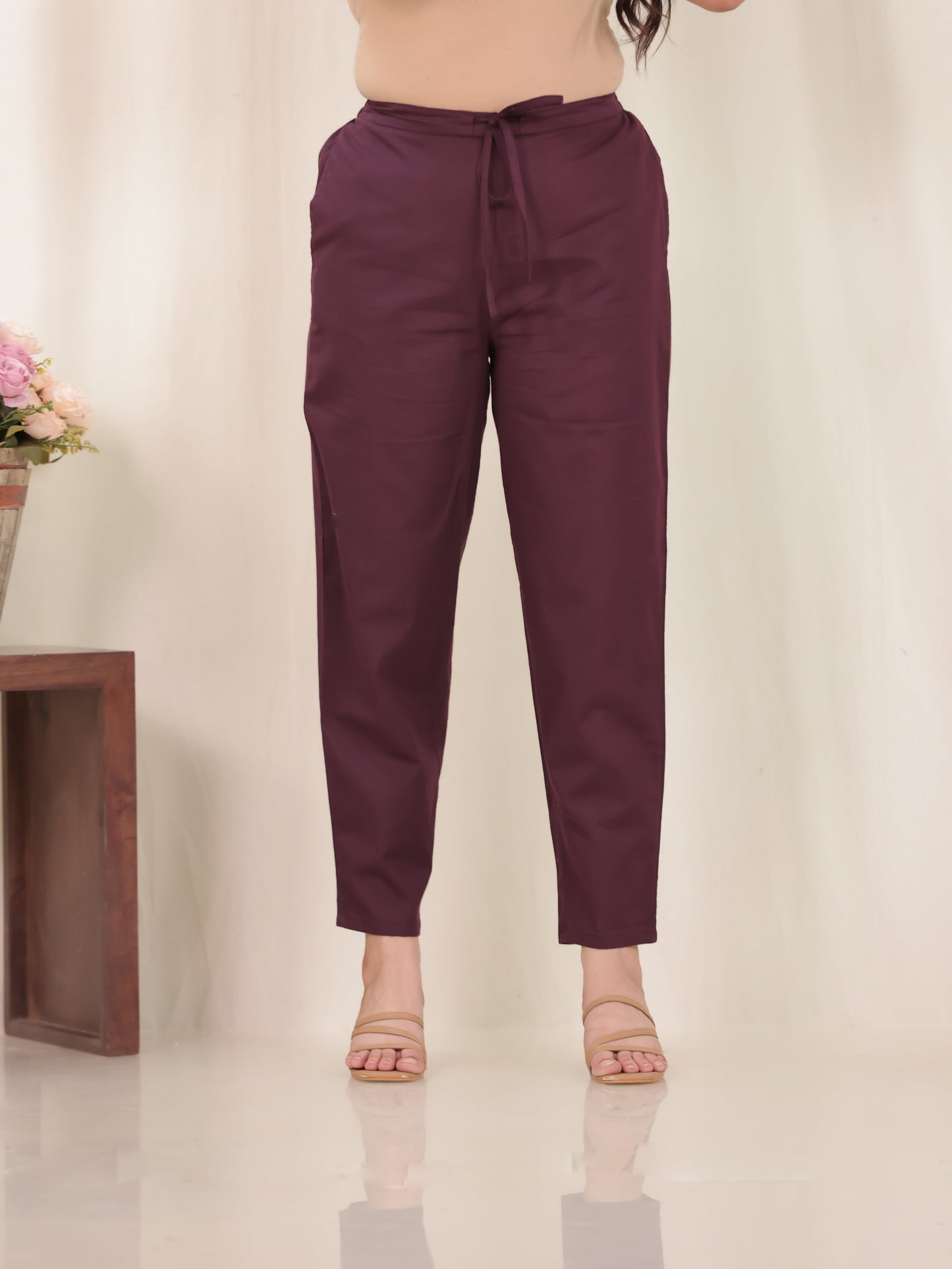Soft Cotton Solid Wine Tapered Tapered Trousers